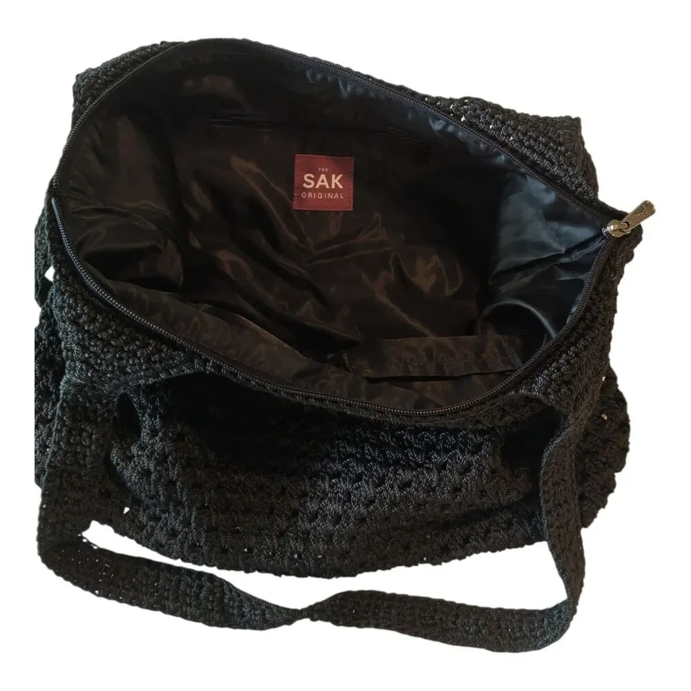 The Sak Black Crochet Knit Handbag Boho Y2K Hobo Shoulder Tote Purse Bag